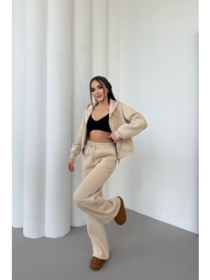 Mezka Kadın Çift Fermuar Detaylı Kapüşonlu Kışlık Şardonlu Oversize Eşofman Takımı