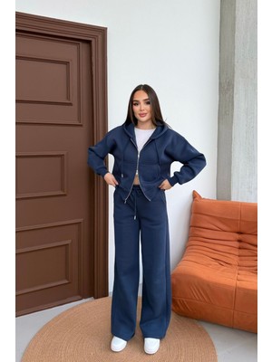 Mezka Kadın Çift Fermuar Detaylı Kapüşonlu Kışlık Şardonlu Oversize Eşofman Takımı