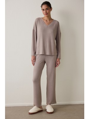 Penti Latte Mocha Soft V Yaka Uzun Kollu Termal Etkili Pijama Takımı
