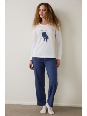 Penti Lacivert Anatomy Bisiklet Yaka Uzun Kollu Pamuklu Pijama Takımı