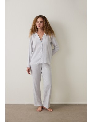 Penti Açık Gri Roses Saten Uzun Kollu Gömlek Yaka Pijama Takımı