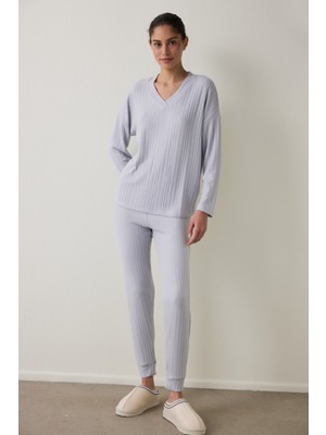 Penti Açık Gri Melanj Cozy V Yaka Uzun Kollu Termal Etkili Pijama Takımı