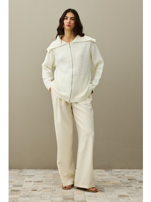 Fahhar Fermuar Detaylı Hırka Ekru