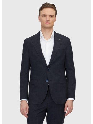 Ramsey Koyu Lacivert Desenli Zeroweight Slim Fit %100 Yün Takım Elbise