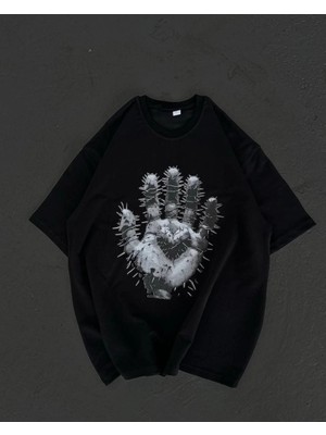 Velmora Fashion Unisex Bisiklet Yaka Baskılı Oversize T-Shirt - Siyah -Vlmr