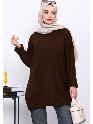 İmaj Butik Kahverengi Dik Yaka Oversize Triko Kazak