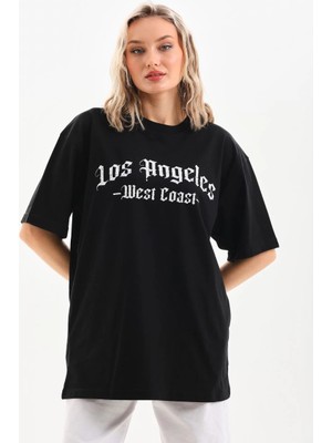 Velmora Fashion Unisex Baskılı Oversize T-Shirt - Siyah -Vlmr