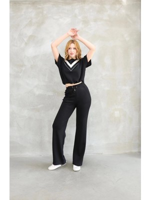 Velmora Fashion Osy Modal Yumuşak Dokulu Kumaş Bisiklet Yaka Parçalı Detaylı Kısa Kollu Takım - Siyah -Vlmr