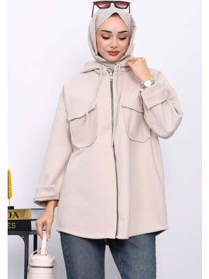 İmaj Butik Taş Kapşonlu Çift Cepli Kaşe Ceket