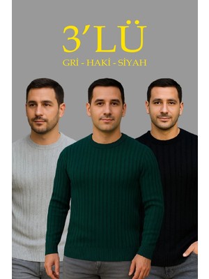 Alfanora Erkek Fitilli Triko Kazak 3’lü Set – Gri, Haki, Siyah | Kalın Dokuma Pamuklu Regular Fit Bisiklet Yaka Uzun Kollu Kışlık ve Baharlık Rahat Triko Kombini