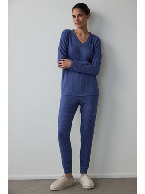 Penti Lacivert Cozy V Yaka Uzun Kollu Termal Etkili Pijama Takımı
