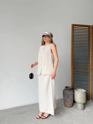 Velmora Fashion Keten Kolsuz Sıfır Yaka Ilik Düğmeli Kolsuz Hırka Etek Ikili Takım- Beyaz -Vlmr