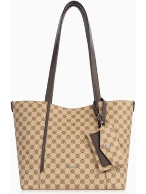 Cengiz Pakel Kartlık Charm Detaylı Monogram Kadın El – Omuz Çantası – 7604P - Vizon/kahve