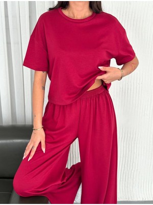 Velmora Fashion Osy Modal Yumuşak Dokulu Kumaş Bisiklet Yaka T-Shirt Bol Paça Pantalon Ikili Takım -Bordo -Vlmr