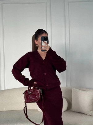 Velmora Fashion V Yaka 3 Düğmeli Hırka Takım Triko Ikili Etekli - Bordo -Vlmr