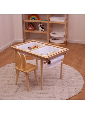 Muyuru Montessori Ahşap Huş Aktivite Masası 2 Sepet Beyaz/kara Tahtalı Rulo Kişiselleştirilebilir 2-6 Yaş +1 Sandalye