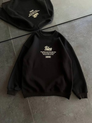 Velmora Fashion Kışlık Bisiklet Yaka Ön ve Arka Baskılı Sweatshirt - Siyah -Vlmr