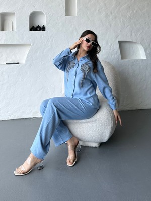 My Jest Fashion Işleme Detaylı Gömlek & Pantolon Keten Ikili Takım