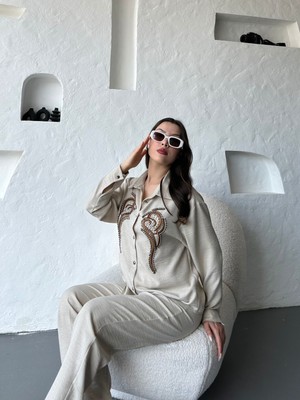 My Jest Fashion Işleme Detaylı Gömlek & Pantolon Keten Ikili Takım