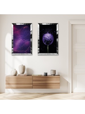 Zevahir Mobilya Dekorasyon Gümüş Aynalı Pleksi Çerçeveli Mor Çiçekler Dekoratif Ikili Mdf Tablo Seti