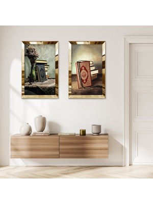 Zevahir Mobilya Dekorasyon Gold Aynalı Pleksi Çerçeveli Kuran-I Kerim Dini Ikili Mdf Tablo Seti