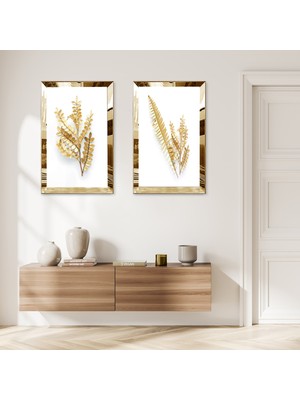 Zevahir Mobilya Dekorasyon Gold Aynalı Pleksi Çerçeveli Beyaz Arka Planlı Gold Çiçek Ikili Mdf Tablo Seti