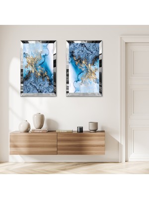 Zevahir Mobilya Dekorasyon Gümüş Aynalı Pleksi Çerçeveli Mavi Üzeri Altın Püskürtmeli Dekoratif Ikili Mdf Tablo Seti