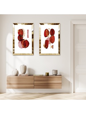 Zevahir Mobilya Dekorasyon Gold Aynalı Pleksi Çerçeveli Beyaz Arka Planlı Kırmızı Şekiller Ikili Mdf Tablo Seti