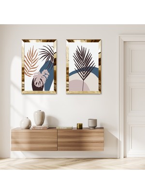 Zevahir Mobilya Dekorasyon Gold Aynalı Pleksi Çerçeveli Beyaz Arka Planlı Soyut Modern Bitkiler Ikili Mdf Tablo Seti