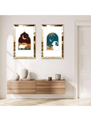 Zevahir Mobilya Dekorasyon Gold Aynalı Pleksi Çerçeveli Gece Deve Dekoratif Ikili Mdf Tablo Seti