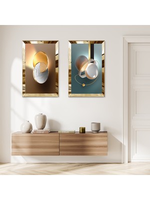 Zevahir Mobilya Dekorasyon Gold Aynalı Pleksi Çerçeveli Renkli Arka Planlı Modern Soyut Desen Ikili Mdf Tablo Seti