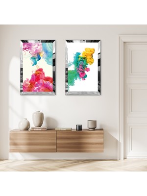 Zevahir Mobilya Dekorasyon Gümüş Aynalı Pleksi Çerçeveli Beyaz Arka Planlı Renkli Modern Dumamlar Ikili Mdf Tablo Seti