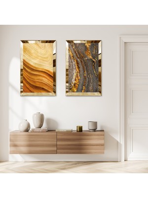 Zevahir Mobilya Dekorasyon Gold Aynalı Pleksi Çerçeveli Gri Altın Soyut Desenli ve Altın Kum Desenli Ikili Mdf Tablo Seti