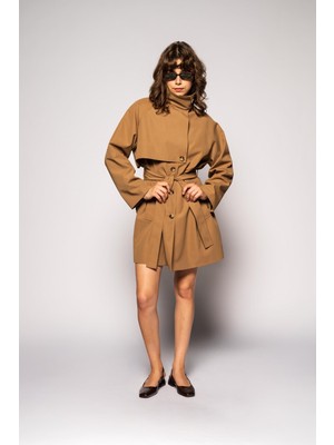 Thalure Kadın Camel Rüzgarlıklı Dik Yaka Trençkot