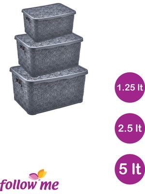 Follow Me Nakış Çok Amaçlı Kutu 3'lü Set (GRI)(1.25LT - 2.5lt - 5lt)