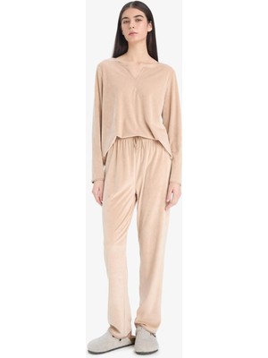 DeFacto Pijama Takımı Regular Fit Uzun Kollu Velur Üst Uzun Alt A3356AX25AU