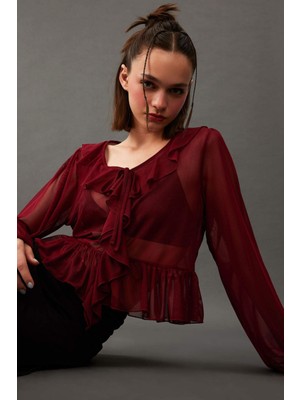 DeFacto V Yaka Şifon Volanlı Uzun Kollu Bluz G0331AX25SM