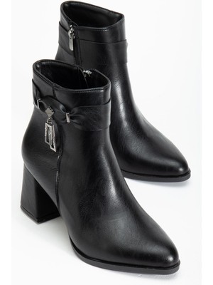 Dilimler Ayakkabı Siyah Kadın Kalın Topuklu Bot Küpe Taşlı Suni Deri