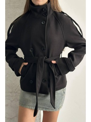 My Jest Fashion Düğmeli Kuşaklı Kaşe Kısa Kaban