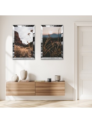 Zevahir Mobilya Dekorasyon Gümüş Aynalı Pleksi Çerçeveli Soyut Çiçeklerin Arasında Deniz Mazaralı Ikili Mdf Tablo Seti