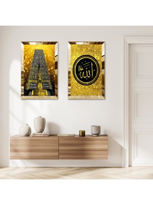 Zevahir Mobilya Dekorasyon Gold Aynalı Pleksi Çerçeveli Altın Allah Lafzı ve Kabe Kapısı Dini Ikili Mdf Tablo Seti
