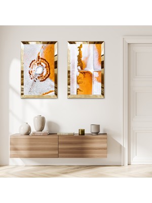 Zevahir Mobilya Dekorasyon Gold Aynalı Pleksi Çerçeveli Beyaz Arka Planlı Soyut Turuncu Desenler Ikili Mdf Tablo Seti