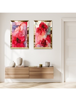 Zevahir Mobilya Dekorasyon Gold Aynalı Pleksi Çerçeveli Kırmızı Çiçekler Ikili Mdf Tablo Seti