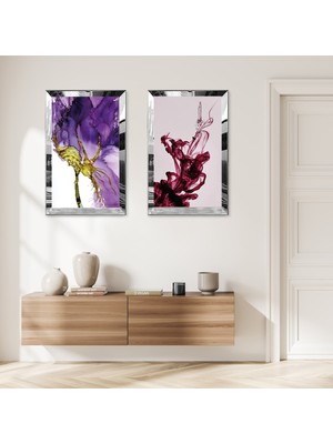 Zevahir Mobilya Dekorasyon Gümüş Aynalı Pleksi Çerçeveli Kırmzı Mor Dekoratif Ikili Mdf Tablo Seti