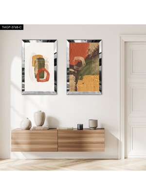 Zevahir Mobilya Dekorasyon Gümüş Aynalı Pleksi Çerçeveli Beyaz Arka Planlı Modern Turuncu Soyut Şekiller Ikili Mdf Tablo Seti