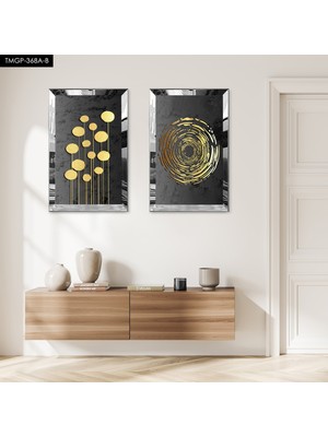 Zevahir Mobilya Dekorasyon Gümüş Aynalı Pleksi Çerçeveli Siyah Arka Planlı Modern Gold Çiçekler Ikili Mdf Tablo Seti