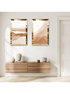 Zevahir Mobilya Dekorasyon Gold Aynalı Pleksi Çerçeveli Modern Dağ Mazaralı Ikili Mdf Tablo Seti