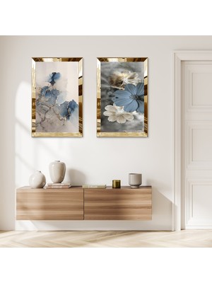 Zevahir Mobilya Dekorasyon Gold Aynalı Pleksi Çerçeveli Çiçek Desenli Dekoratif Ikili Mdf Tablo Seti