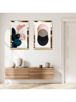 Zevahir Mobilya Dekorasyon Gold Aynalı Pleksi Çerçeveli Renkli Yuvarlak Soyut Şekiller Modern Ikili Mdf Tablo Seti