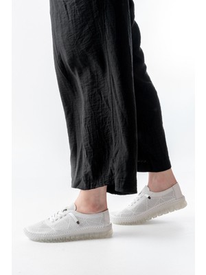 Etiler Collection S-365  Beyaz Desenli Hakiki Deri Şeffaf Taban Kadın Spor Ayakkabı